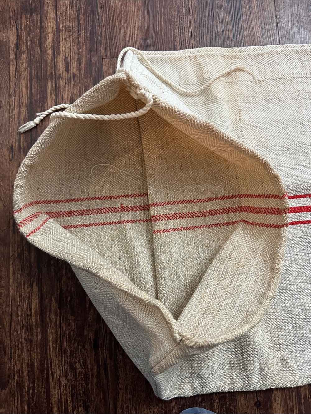 Antique French European Grain Sack Linen Hemp Fabric Red Stripe - Picture 4 of 7